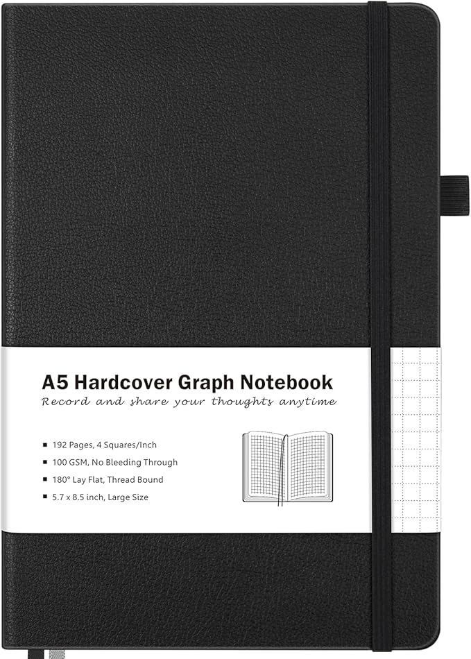 Graph Paper Notebook, Hardcover Notebook, Grid Notebook Journal for Women, Men, Large Leather Journals for Writing, Thick Paper, A5 Notebooks for Work, School Supplies, Engineering, 5.7"x8.5", Black