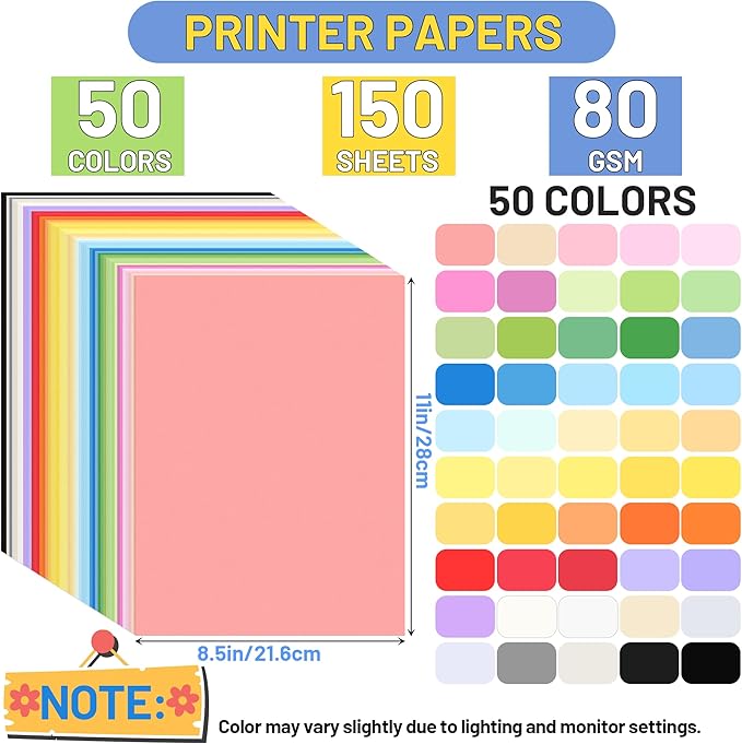 50 Colors Construction Paper 150 PCS, 8.5x11in Bulk Colored Paper for Crafts - 80GSM Thick Cardstock for Printing, Layering, Embossing - DIY Art Supplies for Cards, Invitations, School Projects