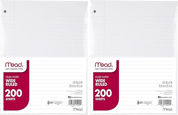 Mead Loose Leaf Paper,Wide Ruled Filler Notebook Paper,8" x 10-1/2",200 Sheets,Fits 3-Ring Binder (15200),(Pack of 2)