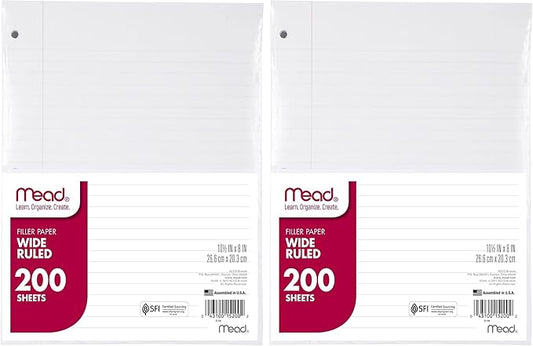 Mead Loose Leaf Paper,Wide Ruled Filler Notebook Paper,8" x 10-1/2",200 Sheets,Fits 3-Ring Binder (15200),(Pack of 2)