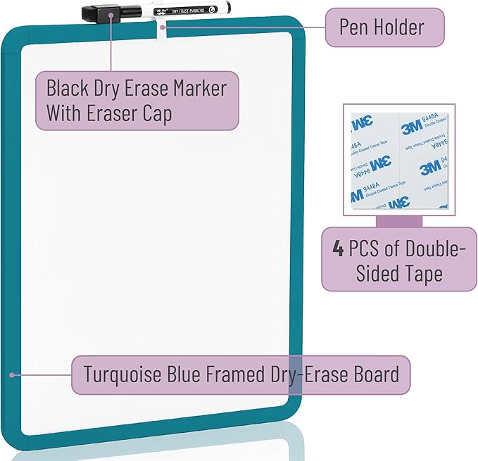 Mr. Pen- Dry Erase Board, 14” x 11” with a Black Dry Erase Marker, Green Frame, Small Mini White Board for Students, Fridge, Wall, Locker, Includes Double Sided Tapes