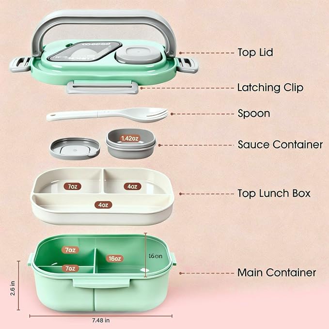 PEDECO Green Lunch Box Set with Bag & Utensil, Leak Proof for Women Men Kid | 2-tier stackable container with sauce pod,Insulated bag keeps food hot or cold,Microwave & dishwasher safe,for women men