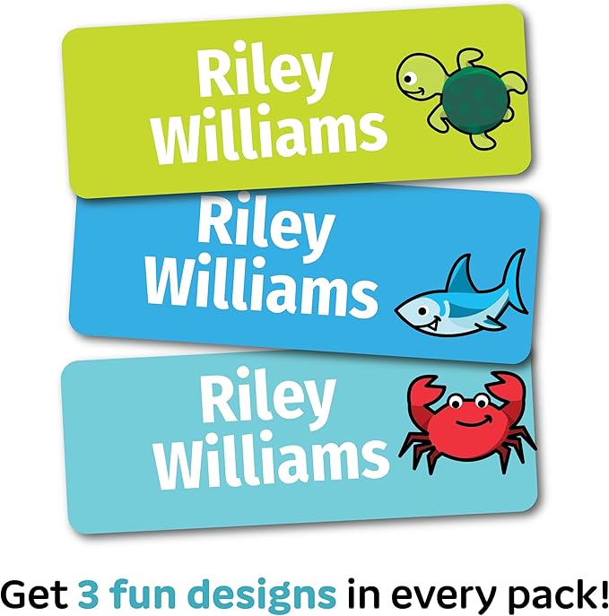 Kids Personalized Name Labels for School, Camp, Daycare (128 Labels) Custom Peel and Stick Waterproof Name Tags Stickers for Water Bottles, Lunch Boxes, Clothing Tags, School Supplies (Under The Sea)