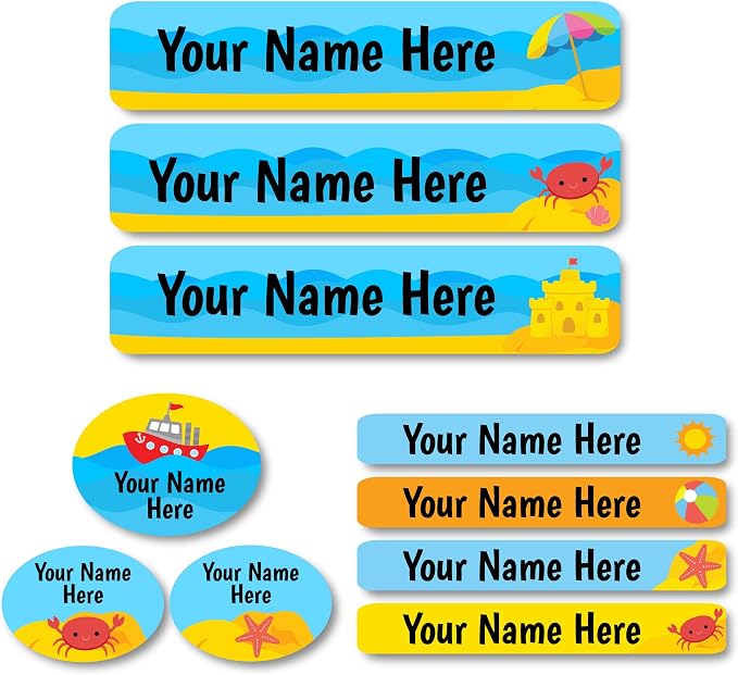 Lovable Labels Personalized Labels for Kids (85 Labels/Pack) - 3 Label Sizes Waterproof Dishwasher Safe Peel & Stick Labels for School Supplies Daycare Camp Clothing Bottles (Fun on The Beach)