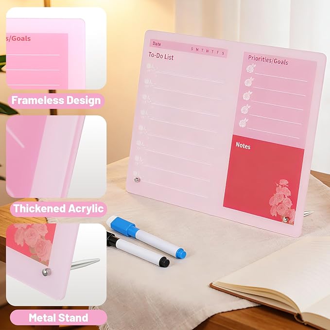 LeMotech Desktop Acrylic Dry Erase Board, 12x10 inches to-Do List Planner, Tabletop Whiteboard with Stand Office Supplies Includes 2 Markers & 1 Eraser, Pink Rose Pattern, 1 Pack