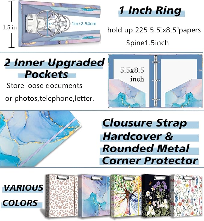 A5 Binder 3 Ring 1 Inch for 5.5"x8.5" Paper, Mini Three Ring Binders with Clipboard,5-Tab Dividers,Interior Pocket, Spine ID Label Holder, BVSSX Small Binder with Pen Holder,Blue Marble
