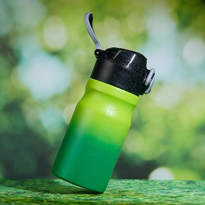BJPKPK 14oz Insulated Water Bottle with Straw Stainless Steel Double Wall Water Bottles BPA Free Leak Proof Thermal Flask with Lockable Flip Lid and Soft Silicone Spout,Bamboo Grove