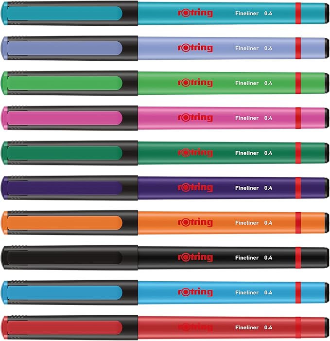 rOtring Liner Fineliner Pens | 0.4 mm | Colouring Pens for Writing & Drawing | Plastic-Free Packaging | Assorted Colours | 10 Count