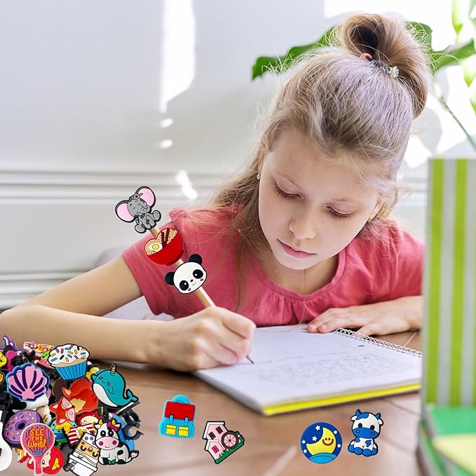 Zddaoole 100 Pcs Cute Pencil Topper Decoration,Bulk Random Pencil Topper Accessories,Different Pencil Clips Decorations for Pupil/Junior Students Gifts,Awards,Prize