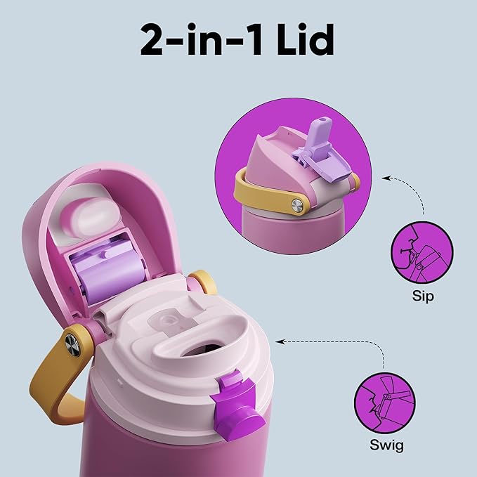 Insulated Water Bottle with Straw - Encool Stainless Steel Water Bottle with Push Button Lid, Leak-Proof & BPA-Free, Keeps Cold for 24 Hours for Sports, Travel, Gym (24 oz, Light Orchid-Fuchsia)
