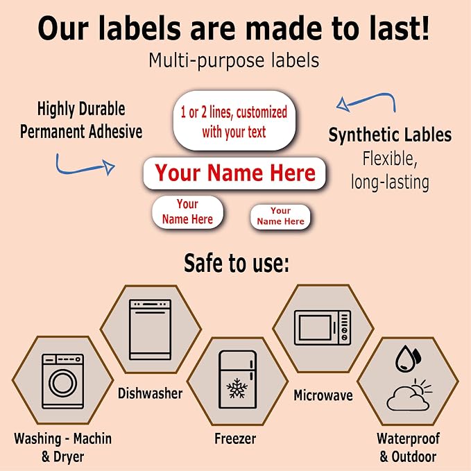 62 Personalized Waterproof Name Labels. Press and Stick Multi use Custom Name Labels. Highly Durable Customized Name Stickers with Permanent Self Adhesive. Great for School, Daycare or Camp.