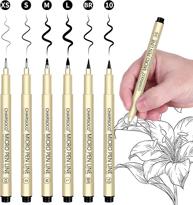 Black Micro Pens, 6 Sizes of Brush (XSSMLBR), Waterproof Archival Ink, Fine Point Pen for Artist Illustration, Sketching, Anime, Manga