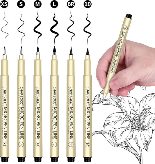 Black Micro Pens, 6 Sizes of Brush (XSSMLBR), Waterproof Archival Ink, Fine Point Pen for Artist Illustration, Sketching, Anime, Manga