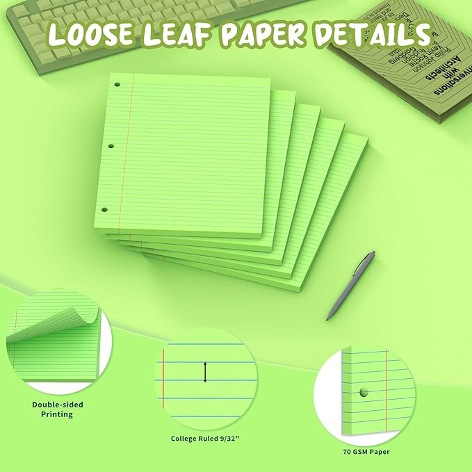Green Loose Leaf Paper 8 x 10.5, 120 Sheets Lined Paper College Ruled Paper, 3 Hole Punched Notebook Paper College Ruled, 3 Ring Binder Paper 8 x 10.5, Filler Paper College Ruled for Office, School