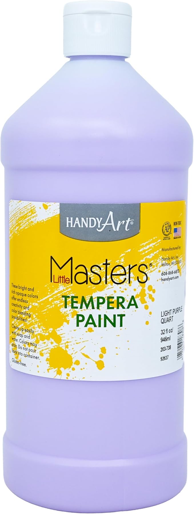 Handy Art Little Masters Tempera Paint, Light Purple, 32 oz Bottle, Bright & Mixable, High Opacity, Washable Colors for Classroom, Students, Kids, Young Artists, Safe & Non-Toxic, Made in USA