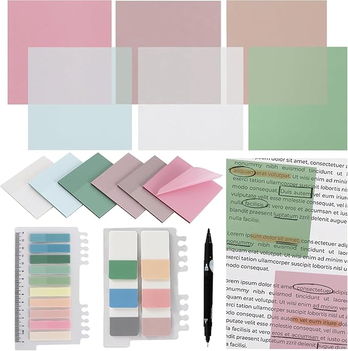 Vuzvuv 620 Sheets Transparent Clear Sticky Notes with Pen,3x3 Inch Bulk Translucent Sticky Notes Set for Bible Tabs, Book Tabs, Office School Supplies(Green Pink)
