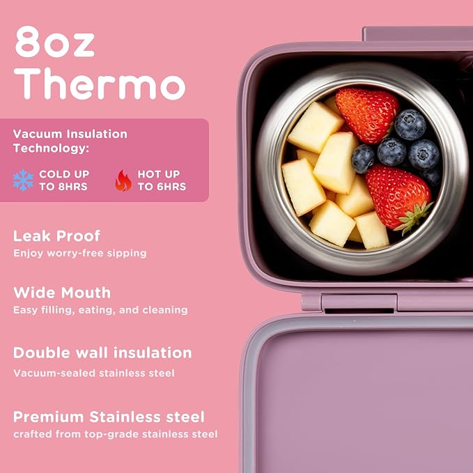 Bento Lunch Box for Kids With 8oz Food Thermo,BPA-Free for School | Lunch Container with 2 Compartments, Insulated Food Jar, Dishwasher Safe, Easy to Clean, Lunch Box for Girls Boys