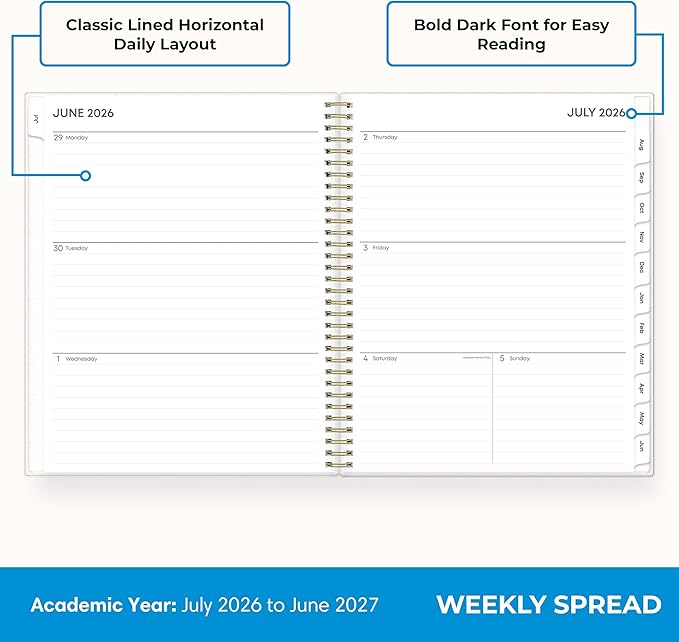 Blue Sky 2026-2027 Weekly and Monthly Academic Year Planner Calendar, July 2026 - June 2027, 8.5" x 11", Flexible Cover, Wirebound, Laminated Tabs, Storage Pocket, Gemma