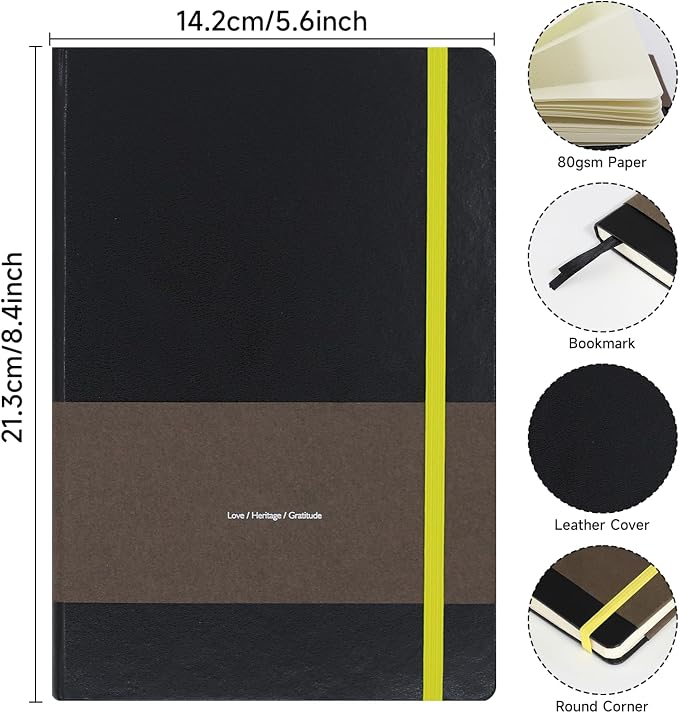 A5 Leather Hardcover Notebook - 192 Pages Thick 100GSM Paper, Dotted/Grid/Blank, with Elastic Band & Inner Pocket for Writing, Sketching, Journaling (Black)