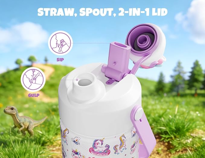 POWCAN 12 oz Kids Water Bottle for School: 2-in-1 Straw Spout Lid with Soft Animal Head, Leakproof, Keep Cold 24H, Backpack Friendly, BPA-Free, Stainless Steel Cup for Sports, Gift (Unicorn Starland)