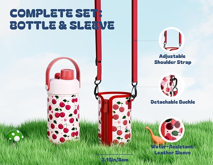 12 oz Kids Water Bottle for Girls: Leakproof, Durable Straw Spout Lid, 24H Cold, with Leather Sleeve, Easy Carry, Insulated Stainless Steel Cup for School, Travel, Camping, Daily (Giggly Cherry)
