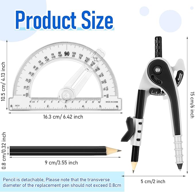 Zonon 2 Pcs Student Protractor and Compass, Student Geometry Math Set Drawing Compass and 180 Degree 6 Inch Protractor with Swing Arm for Drawing Measuring School Office (Black)