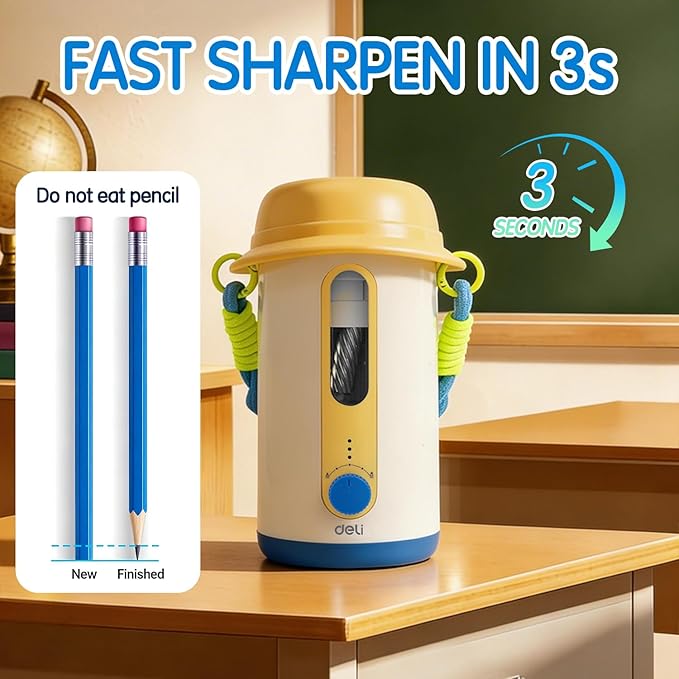 Electric Pencil Sharpener, Low Noise Fully Automatic Pencil Sharpener for Classroom,6.9-10.8mm Colored/Jumbo Pencils, Auto in & Out,Rechargeable Hands-Free Sharpener for Home/Office,Yellow