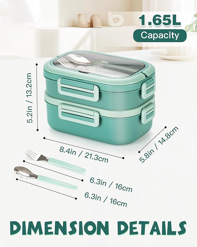 Lille Home Stackable Lunch Box, 2 Tier Stainless Steel Bento Lunch Box, 56oz Large Capacity Leakproof Lunch Containers, 4-Compartment Lunch Box with Utensils for Meal Prep, Work, Picnic(Green)