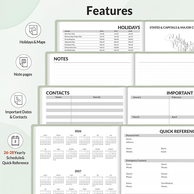 SUNEE 2026-2027 Weekly & Monthly Hardcover Planner 5.5" x 8.3" - 12 Month (July 2026 - June 2027), Small Academic Year Calendar Planner, Pocket, Notes, 100 GSM Paper, Sage Green