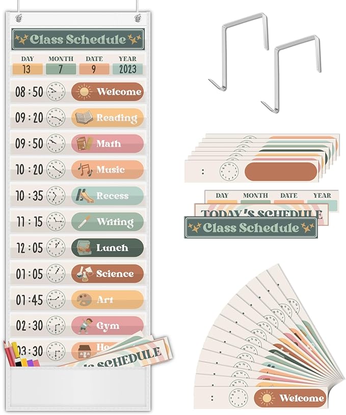 Boho Daily Schedule Pocket Chart for Classroom with 24 Cards，Welcome Back to School Classroom Decorations, White