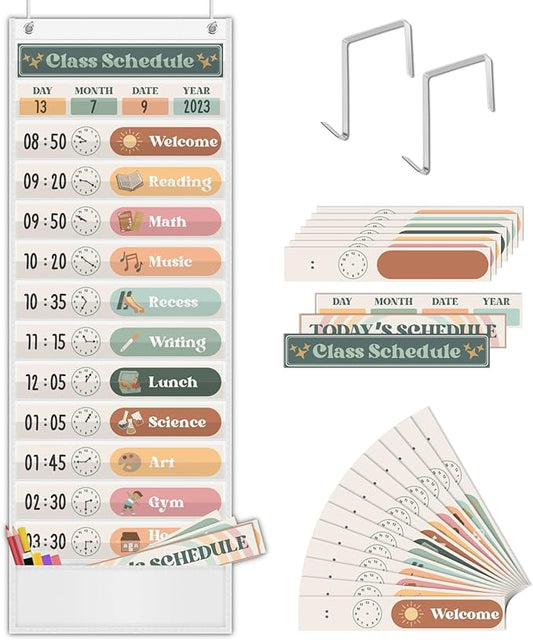 Boho Daily Schedule Pocket Chart for Classroom with 24 Cards，Welcome Back to School Classroom Decorations, White