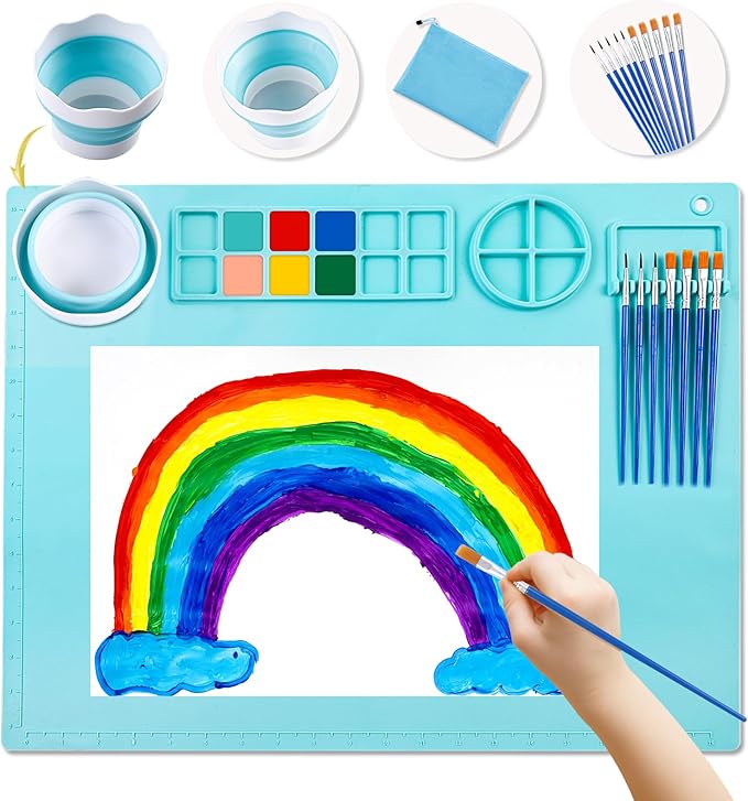 DIYDEC Silicone Craft Mat 20X16 Inch Large Silicone Art mat with Detachable Cup Painting Mat with 10 Painting Brushes Silicone Drawing Mat Sheets for Kids Adult DIY Accessories (Blue)
