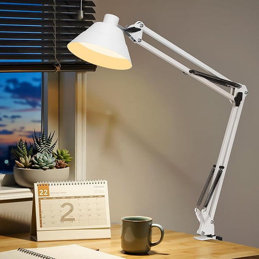 Led Desk Lamp for Home Office - Swing Arm Desk Lamp with Clamp - Architect Adjustable Gooseneck Table Lamp with 5 Color Modes & 10 Brightness for Reading Working Drafting (White)