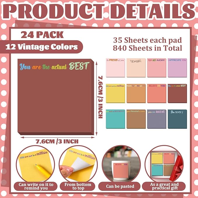 Yinder 24 Pcs Inspirational Sticky Notes Cute Motivational Sticky Notes Pad End of Year Employee Appreciation Gifts Bulk for Teacher Nurse Coworkers Office Supplies 3 x 3'' (Thank You,Vintage Style)