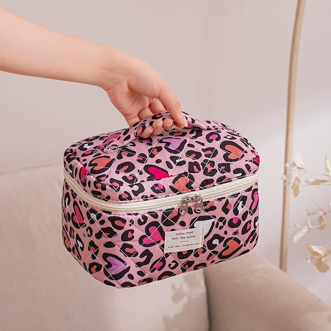 uekeboag Large Travel Quilted Makeup Bag for Women | Soft Floral Cotton Cosmetic Bag, Foldable Coquette Aesthetic Toiletry Organizer