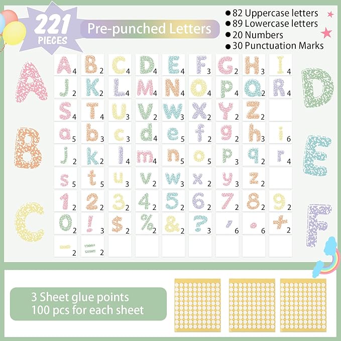 221 Pcs Composition Notebook Bulletin Board Letters, Round Alphabet Number Punctuation Symbol Combo Letter Cutouts, Pastel Classroom Decor for Summer School Chalkboard Whiteboard Poster Wall