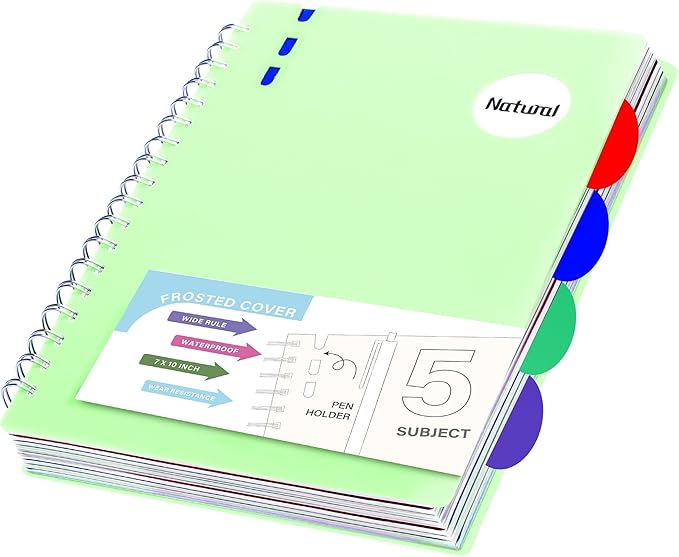 FLYING EAGLE Hardcover Spiral Notebooks 7" X 10" Note Taking 5 Subject Notebook Wide Ruled with Dividers, 204 Pages Lined Spiral Journal Notebook for Work Writing, Green B5