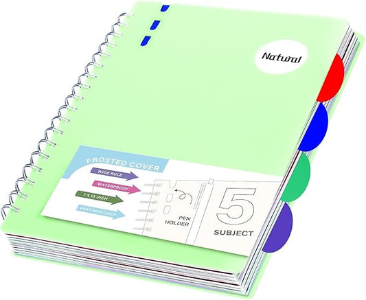 FLYING EAGLE Hardcover Spiral Notebooks 7" X 10" Note Taking 5 Subject Notebook Wide Ruled with Dividers, 204 Pages Lined Spiral Journal Notebook for Work Writing, Green B5