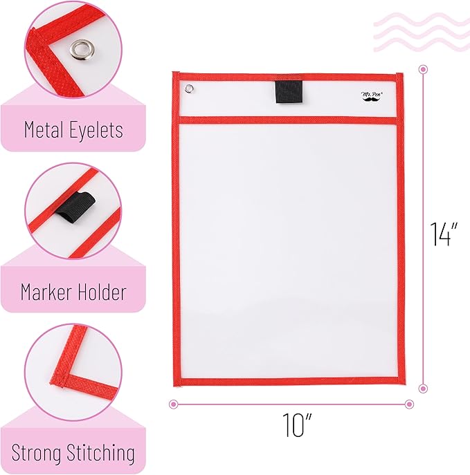 Mr. Pen- Reusable Dry Erase Pocket Sleeves, 10" x 14", 6 Pack, Colorful, Clear Plastic Paper Sleeves, Ticket Holders, Clear Plastic Sheet Protectors, Teacher, School, Classroom Supplies