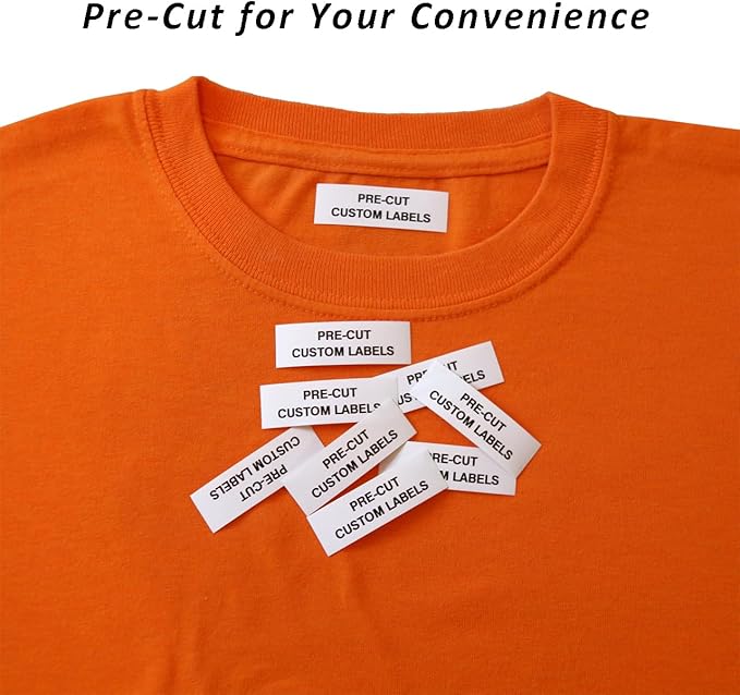 100 PreCut Iron On Personalized Fabric Clothing Name Labels with Font Choice. Custom 2”x5/8” Laundry Tag for Nursing Home, Camp, School, Day Care, Uniforms and Crafts. Child Safe Label.