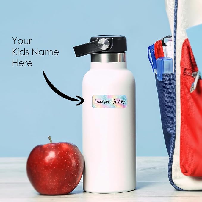 COACO Personalized Kids Name Labels, Holographic, 90 Labels (Pastel Tie Dye)