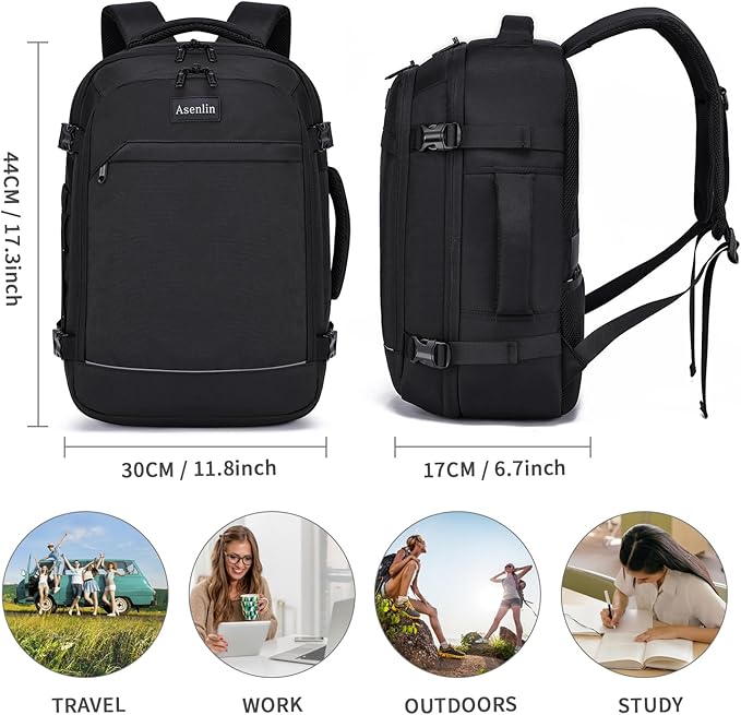 Asenlin Travel Backpack for Women Men,Flight Approved Carry On Luggage 30L Water Resistant Business Laptop Backpacks Fits TSA 15.6 Inch Computer College Weekender Outdoor Hiking-Black