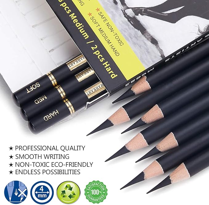 MARKART Professional Charcoal Pencils Drawing Set - 10 Pieces Soft Medium and Hard Charcoal Pencils for Drawing, Sketching, Shading