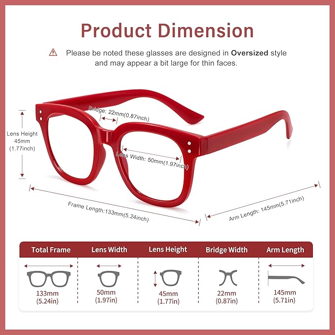 Madison Avenue Blue Light Blocking Glasses Oversized Fashion Blue Light Glasses for Women Anti Eyestrain & UV Protection Computer Eyeglasses (Red)