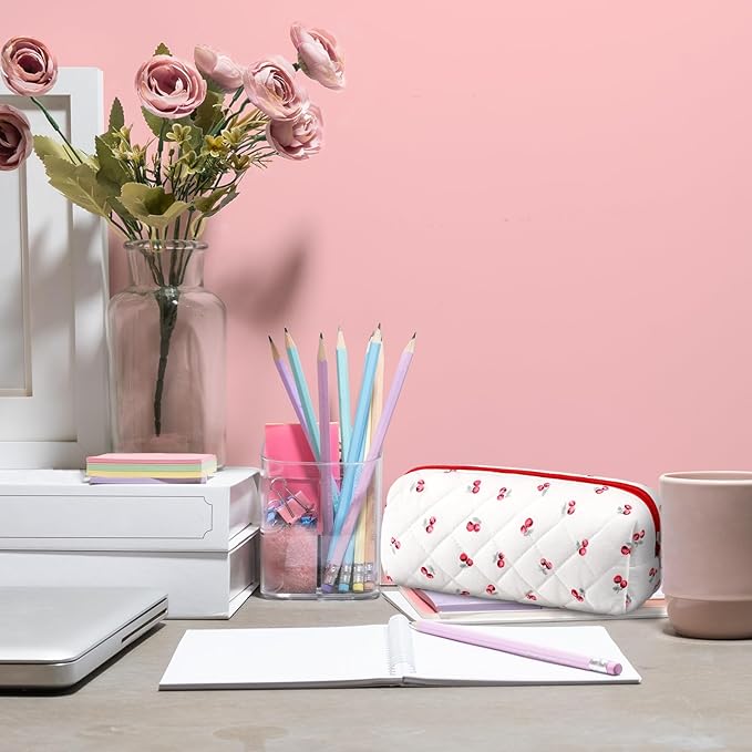 Sherr Cherry Pencil Case Cute Pencil Pouch Soft Cotton Quilted Storage Bag Aesthetic Pattern Gift Makeup Pouch Cosmetic Travel Bag for Women