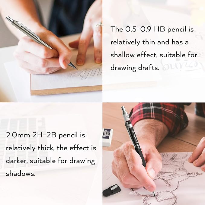 Nicpro 30PCS Art Mechanical Pencil Set in Leather Case | Metal Drafting Pencil 0.5/0.7/0.9 & 3×2mm Lead Holders for Sketching Drawing With 252 (6B 4B 2B HB 2H 4H Colors) Lead Refills
