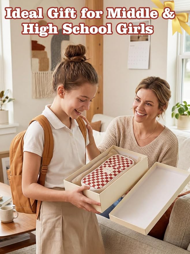Bigmeta Gingham Expandable Pencil Case for Teens Girls - Caramel | Zipper Gusset for Adjustable Capacity, Checkered Cute Pencil Pouch, Stationery Bag Box for Student Back to School Gifts