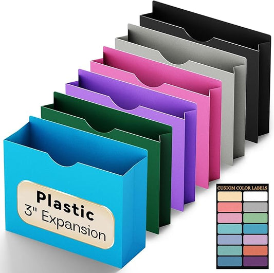 Plastic 3 inch expanding file jacket folders,12 Pack Reinforced Colored Manilla Pocket Folders,Poly Expandable File pocket for Documents,Heavy Duty Expansion Pocket Files with Straight Cut Tabs