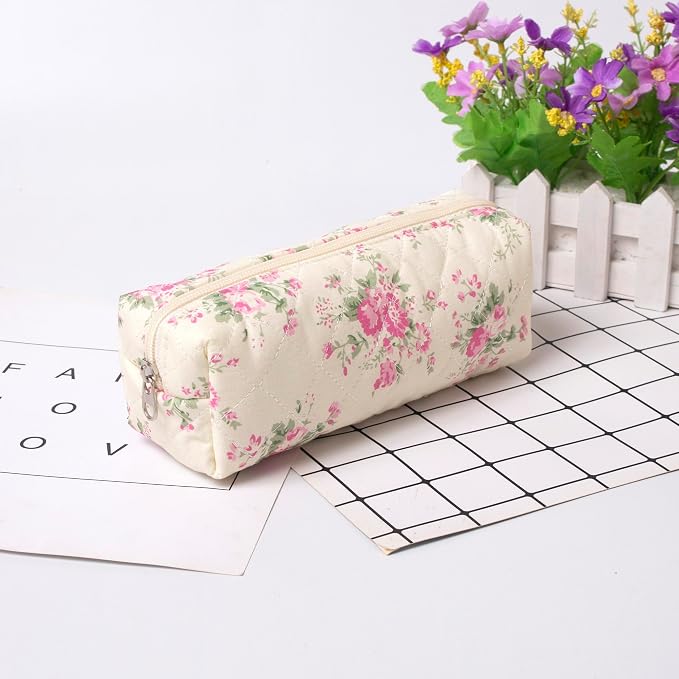 Pencil Case Office College School Storage Bag Pouch Holder Box Organizer Makeup Pouch Cosmetic Bag Aesthetic Cute Pen Case for Girls Boys Kids (Pink flower)