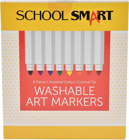 School Smart Conical Tip Washable Markers for School, Home, and More, Assorted Colors, Pack of 8